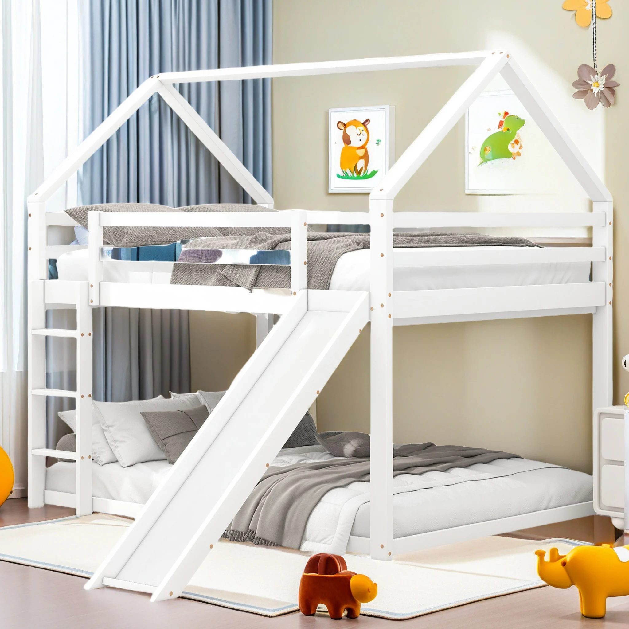 Litera de madera maciza de 140x200 cm, cama infantil con tobogán y escalera, cama doble, cama de juego, con protección contra caídas y láminas, color blanco