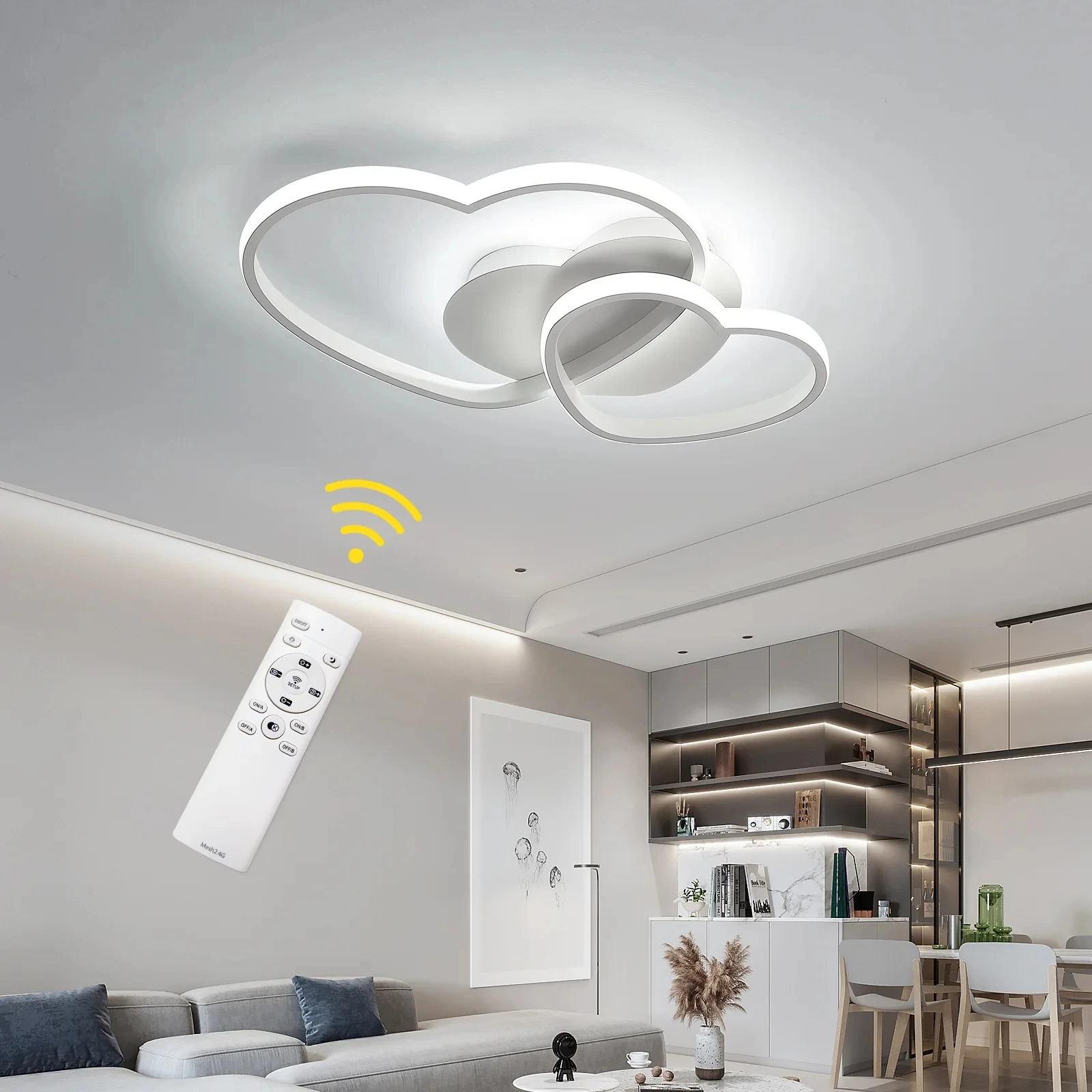 Mckalen Plafoniera LED Dimmerabile, Lampada a Soffitto a Forma di Cuore 64W 3000K/4500K/6500K, Lampadario Bianco con Telecomando per Cameretta Bambini