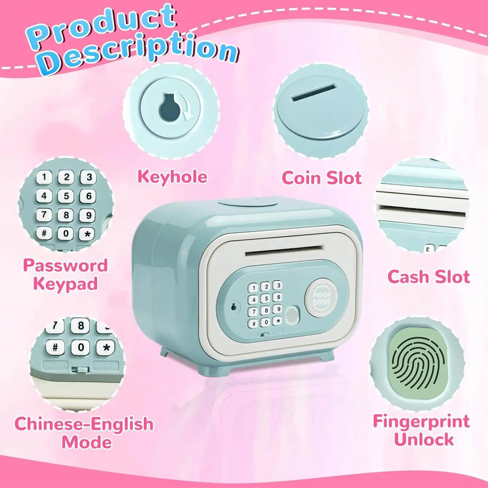 Kids Piggy Bank Fingerprint Password Electronic Savings Box Cash Coin Safe Box Toy Electric Bank For Counting Savings Ages 3-12 - view 5