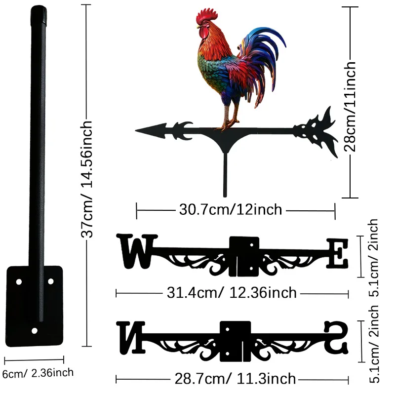 New Outdoor Metal Rotating Iron Weathervane,Garden/Roof/Terrace/Villa Animal Ornament Rooster