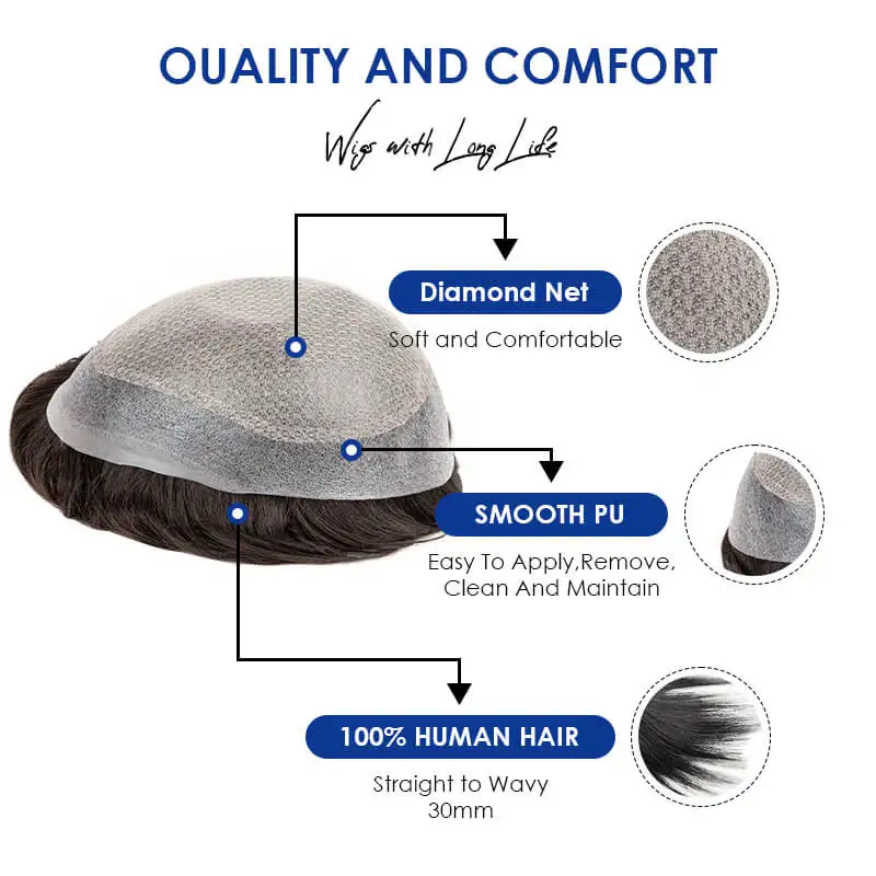 Toupee Men Injected PU Around with Diamond Lace Base 100% Natural Human Hair Male Hair Prosthesis 6\' Hair System Unit Men Wig