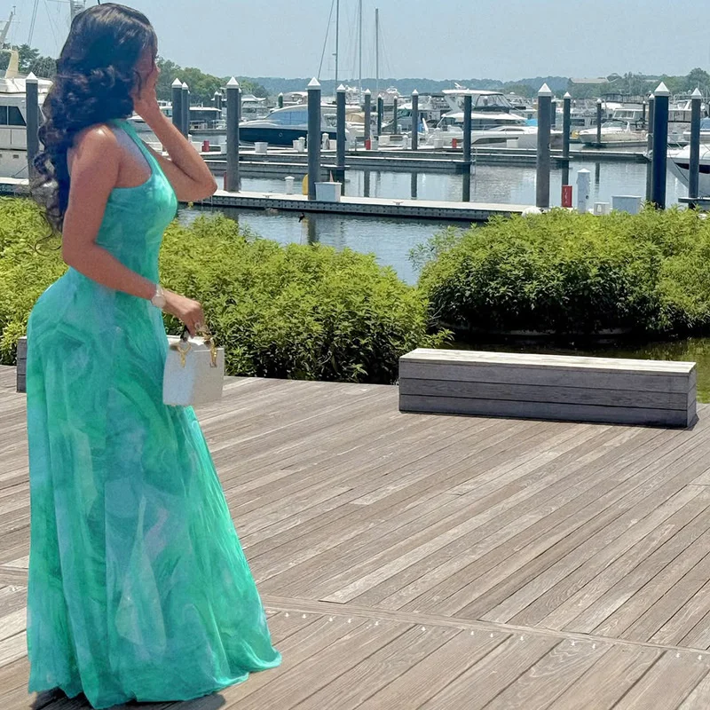 2025 verão maxi vestido para mulheres elegante sem mangas halter pescoço impressão abstrata casual estilo de férias sexy flowy em camadas outfit