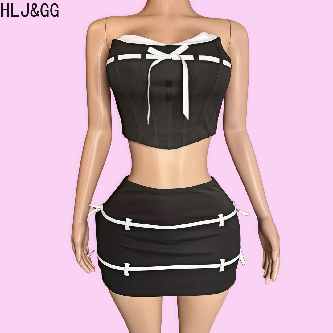 

HLJ&GG Fashion Sweet Bow Bandage Two Piece Sets For Women Sleeveless Backless Corset Tube + Mini Skirts Outfit Female Streetwear