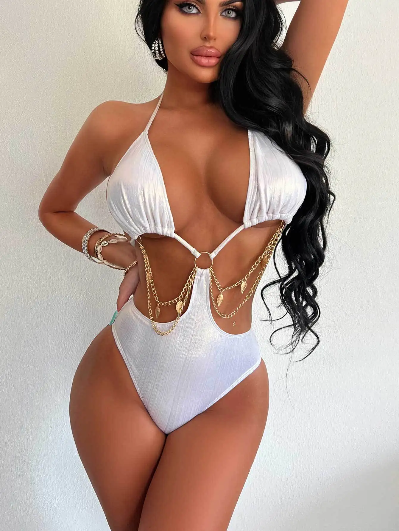 BKLD Swimsuit Woman 2023 Sexy Chain Hollow Out Bikini Open Back Halter Neck Lace-Up One Pieces Swimwear Bodysuit Tops White