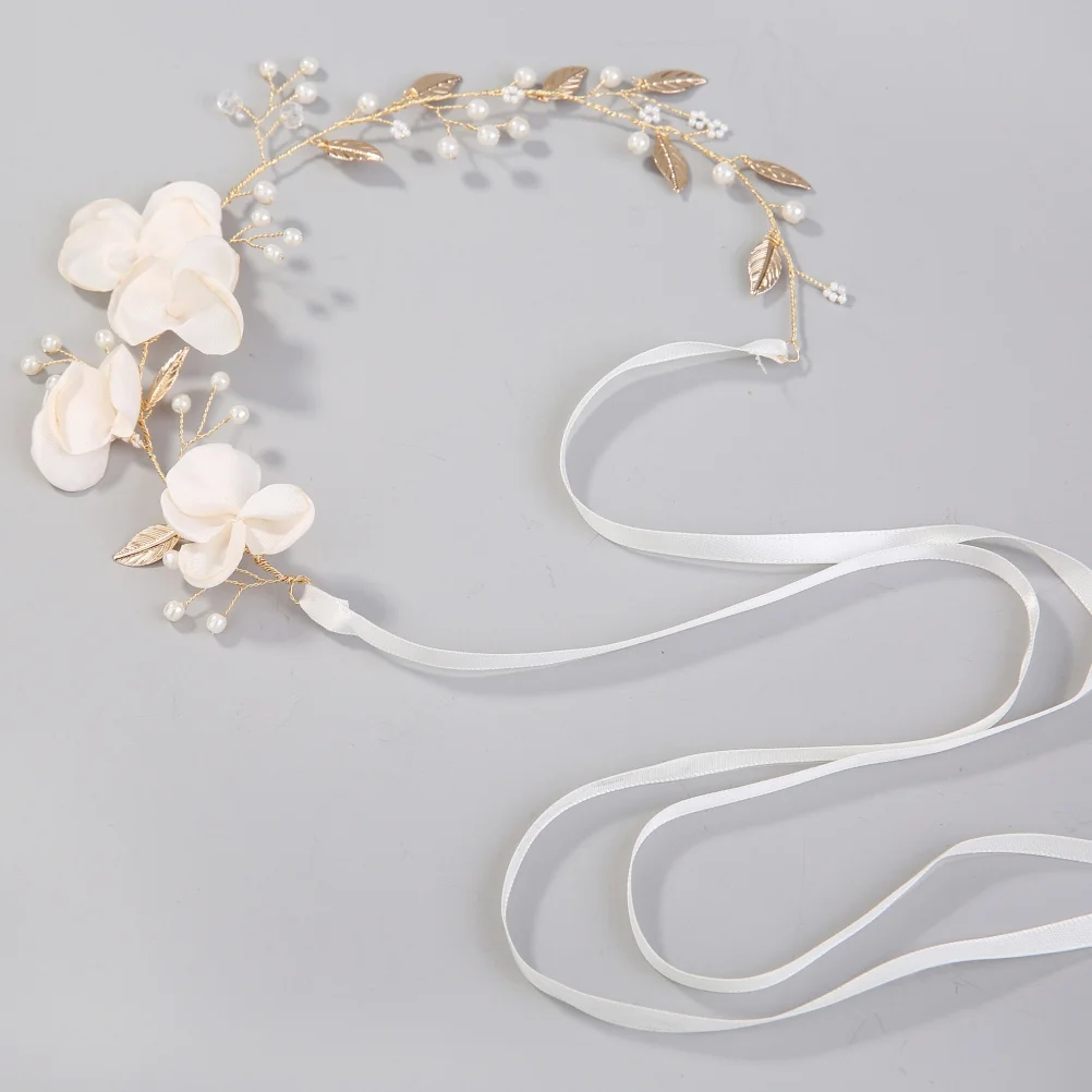 Cloth Flower Pearl Headband Golden Leaves Elegant Bridal Hair Accessory Wedding Party Prom Headdress Wedding Headband
