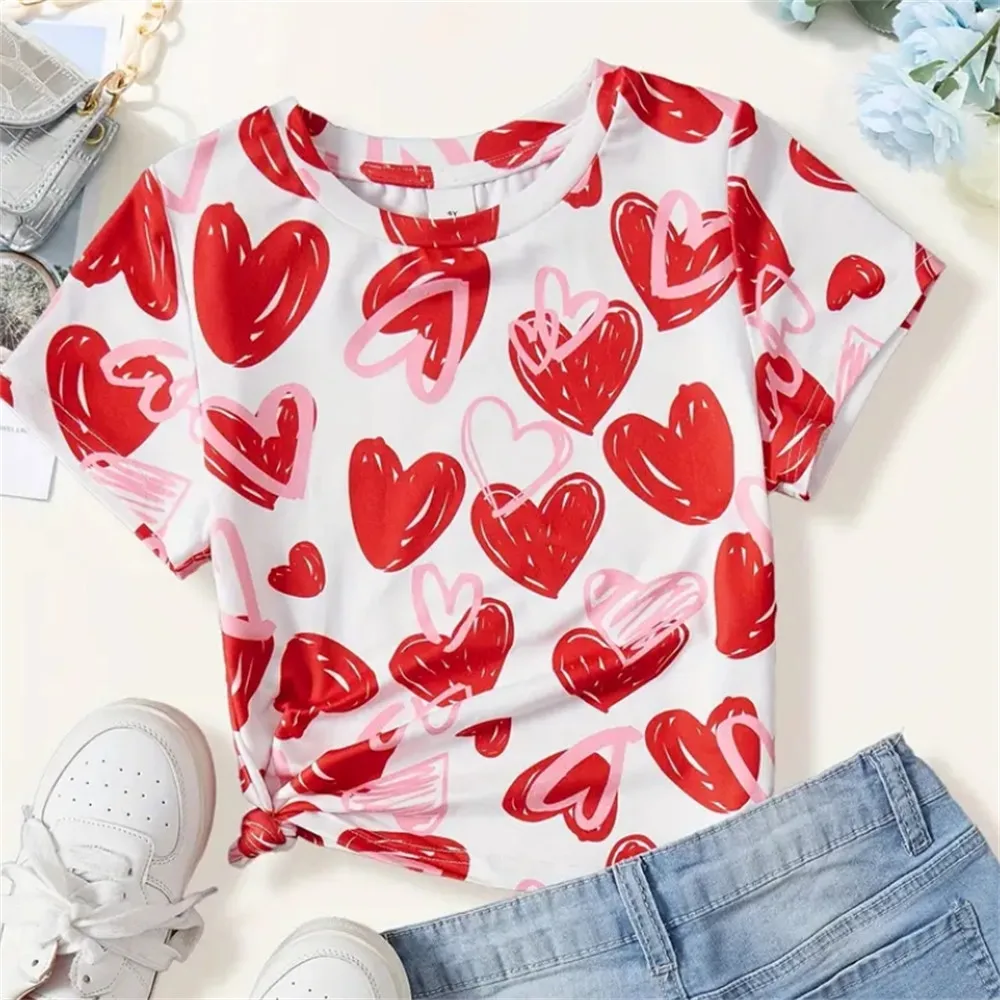 Tops for Children Summer Heart Pattern T Shirt Girl Kids Clothes 3D Print Tee Shirts Korean Kawaii T-Shirts from 6-12 Years Tops