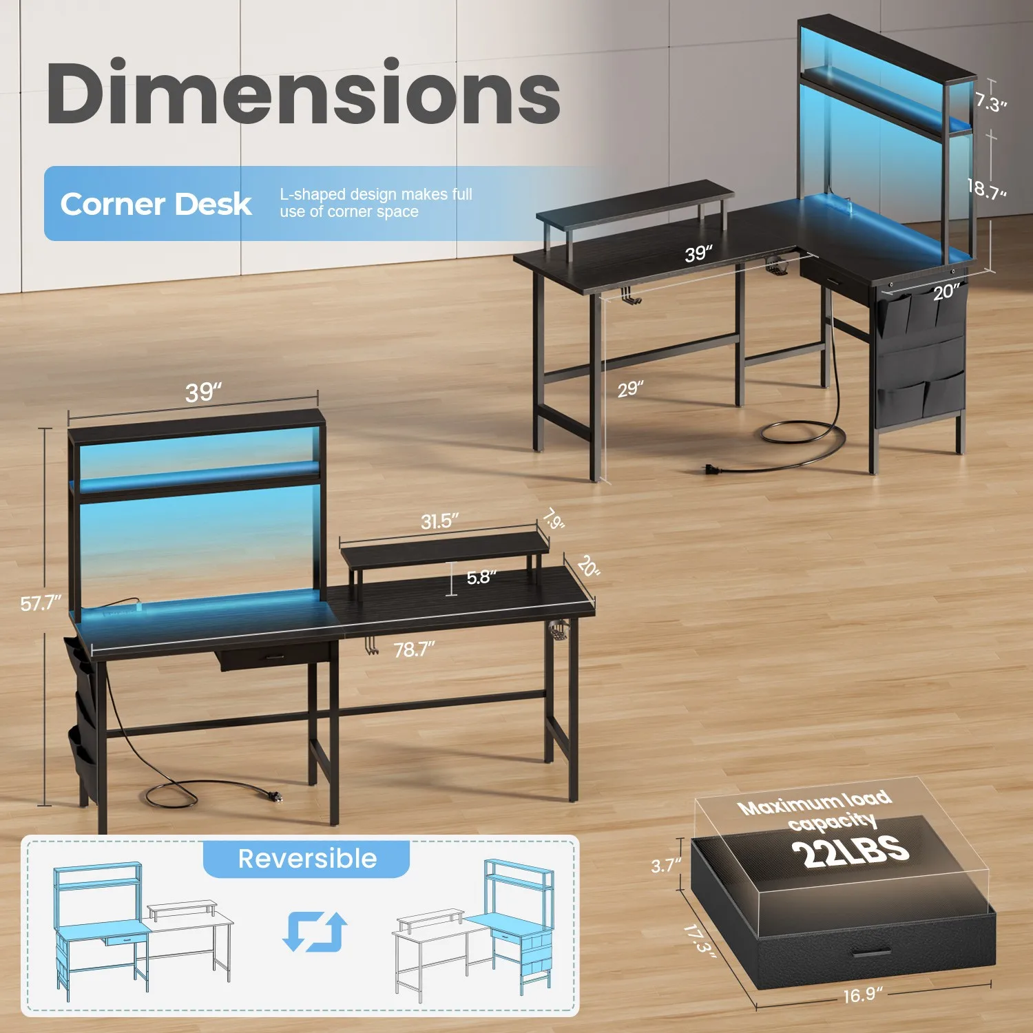 Computer desksL Shaped Gaming Desk with LED Lighting and Power Outlets PC Computer Desk with Monitor Stand for Home Office Setup
