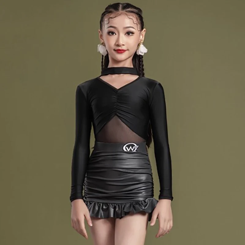 Dziecięcy strój do tańca latynoamerykańskiego dla dziewczynek, body z długim rękawem i spódniczka z zakładkami, standardy, profesjonalny strój do występów i egzaminów dla dzieci.