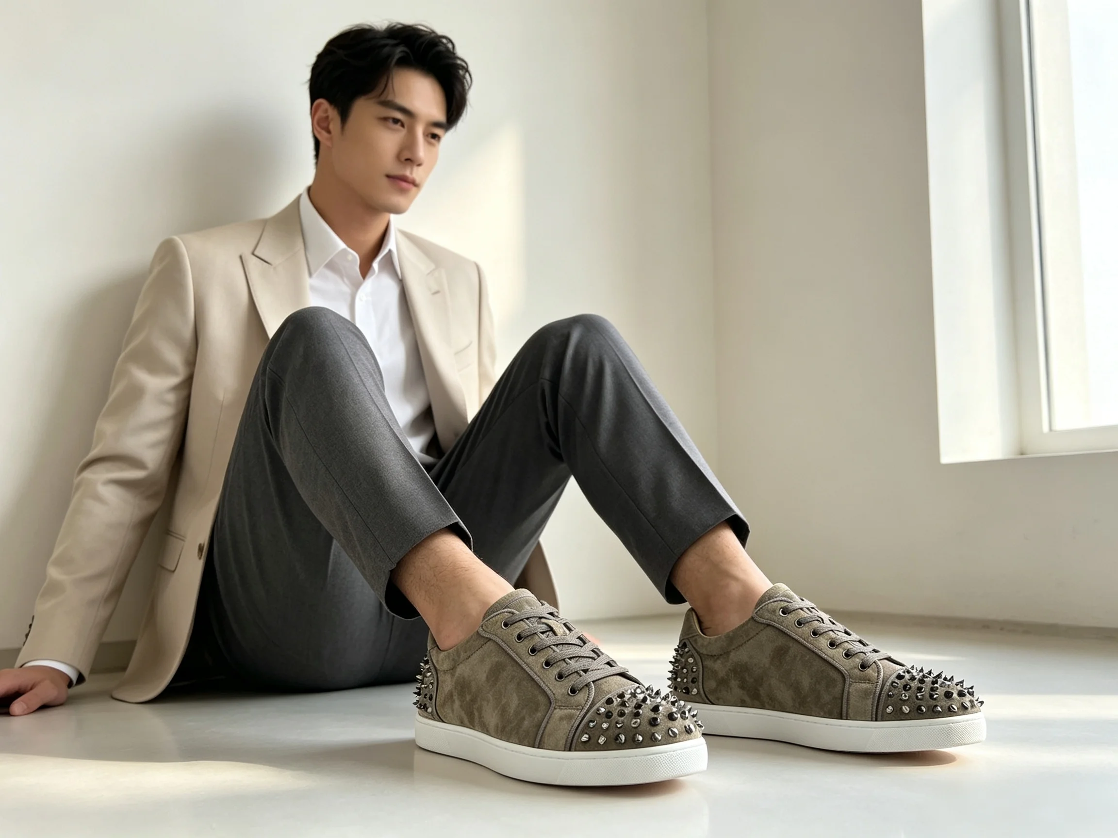Luxury Men's Spikes Toe & Heel Studded Low Top Taupe Suede Leather Red Bottom Sneakers Casual Boat Shoes Casual Shoes Footwear