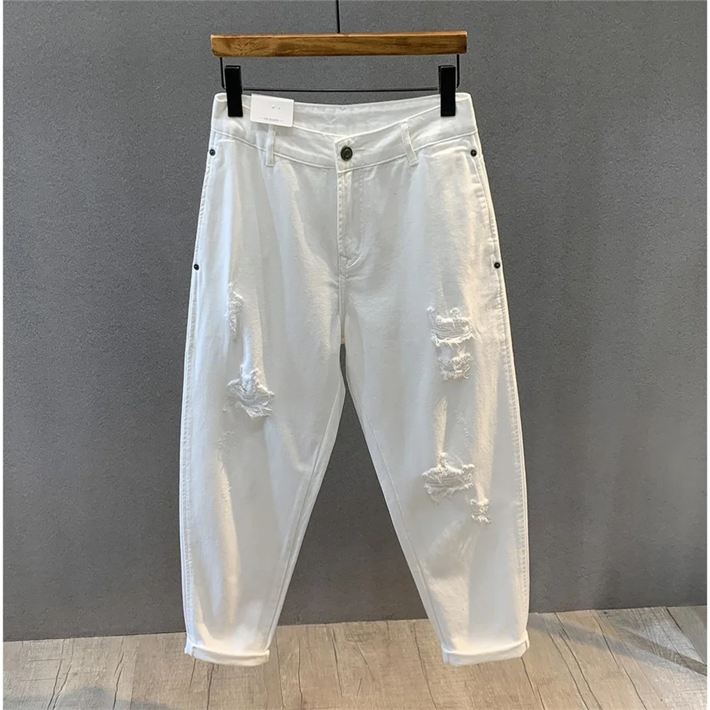 Trendy White Loose Straight Leg Men's Jeans Tear Hole Casual Harajuku Pants Autumn Spring Season mid Waist Nine Points