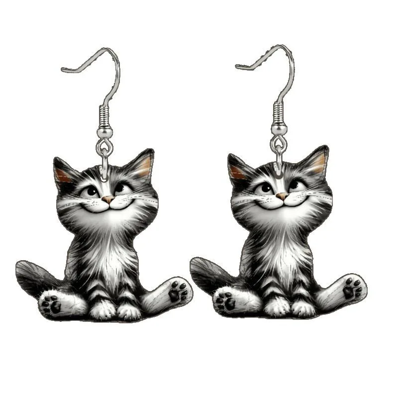2D Cute Animal Shaped Creative Sitting Fluffy Cat Acrylic Earrings Suitable for Women's Versatile Clothing Unique Jewelry Gifts