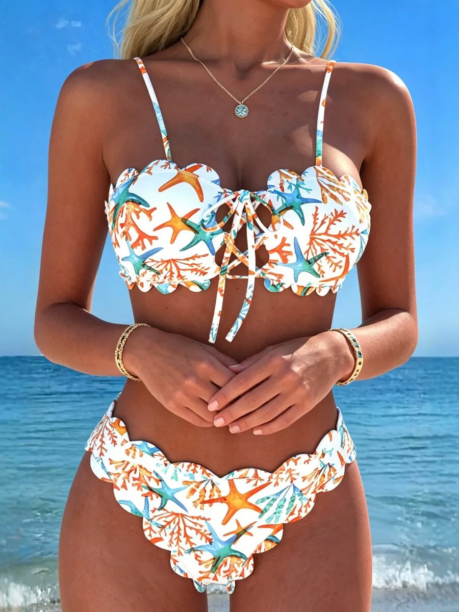 

2026 Starfish Print Halter Two Piece Bikini Set Women Push Up Tummy Control String Swimwear Beach Vacation Summer Bathing Suit