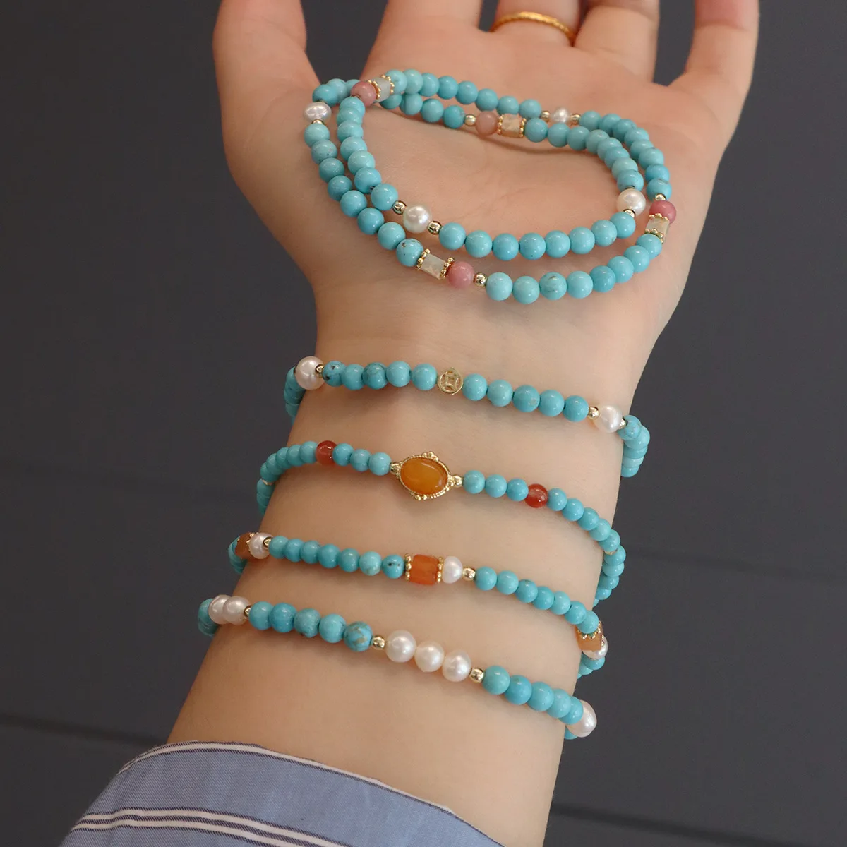 

Natural Blue Turquoise Magnesite Stones Baroque Freshwater Pearls Women Beaded Bracelets Square Geometric Charms Fine Jewelry