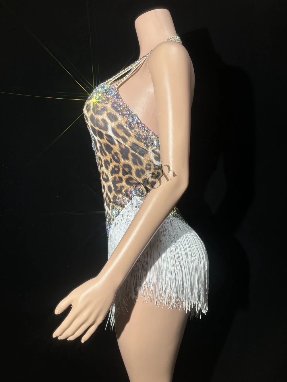 Body con estampado de leopardo y borla de diamantes de imitación brillantes, Sexy, sin espalda, disfraz de baile, cantante, bailarina, ropa de escenario, traje de Club