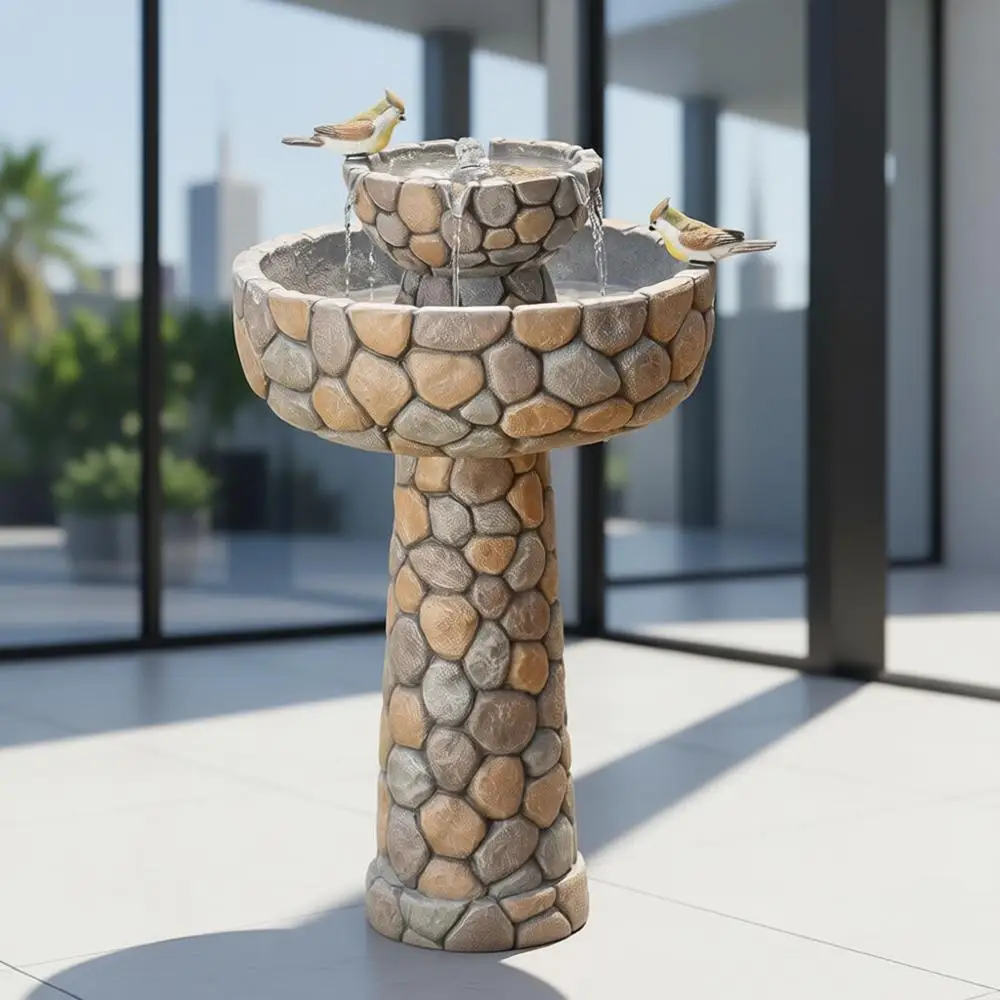 

2-Tier Stone Like Outdoor Water Fountain with Birds, Bird Bath Outdoor Waterfall Fountain Decor, Freestanding Water Fountains wi