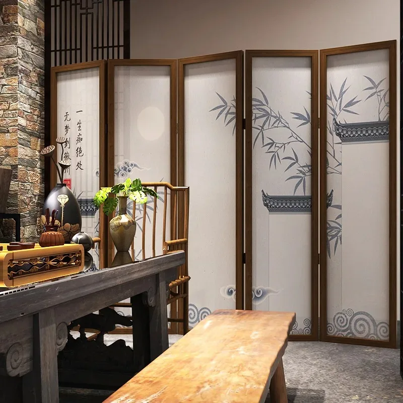 New Chinese Style Screen Partition Living Room Mobile Entrance Foldable Cover Tea Room Decoration Vintage Horse-Head Wall Bamboo