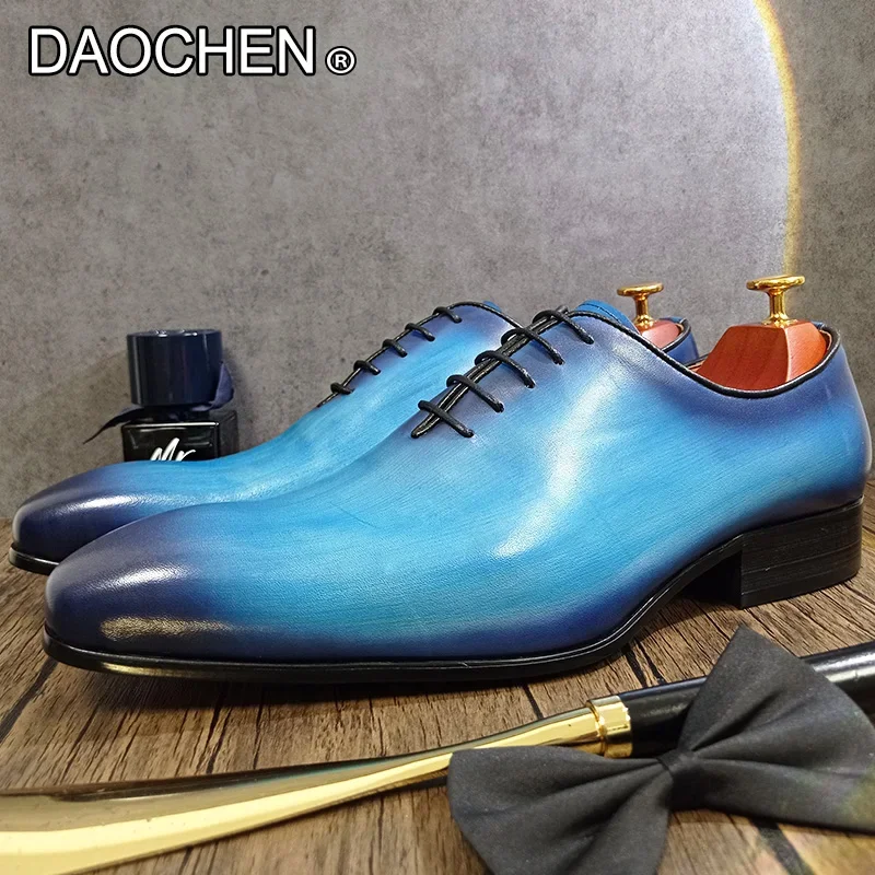 LUXURY BRAND MEN'S OXFORD SHOES LACE UP POINTED TOE BLUE BLACK FORMAL DRESS MAN SHOES WEDDING BUSINESS LEATHER SHOES MEN