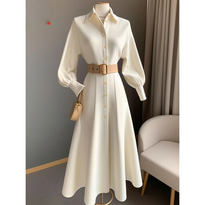 spring autumn new Solid color Turn-down Collar Long sleeve Midi dress women Button patchwork dresses elegant All-match Vestidos