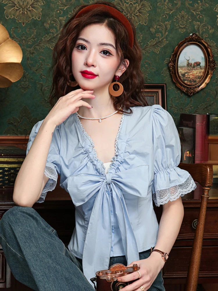 Fashion Elegant Shirts V Neck Puff Sleeve Crop Tops Solid Color Bow Lace Patchwork Blouses Summer Female Slim Women\'s Clothing