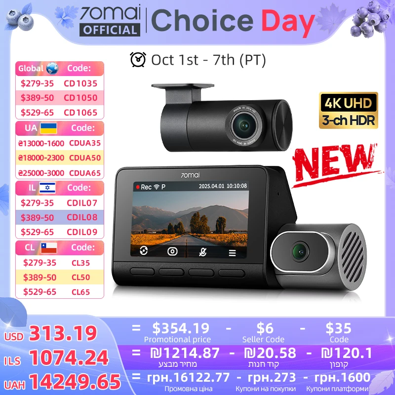 

70mai Dash Cam 4K T800 3-Channel HDR Supercapacitor Front Rear Cabin Record GPS Car DVR 70mai T800 24H Parking Guard Support 4G