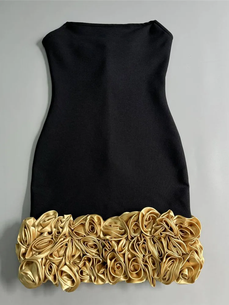 Sexy Strapless Gold 3D Flowers Bandage Dress Women Black Sleevelss Backless Floral Mini Bodycon Dresses Evening Celebrity Party