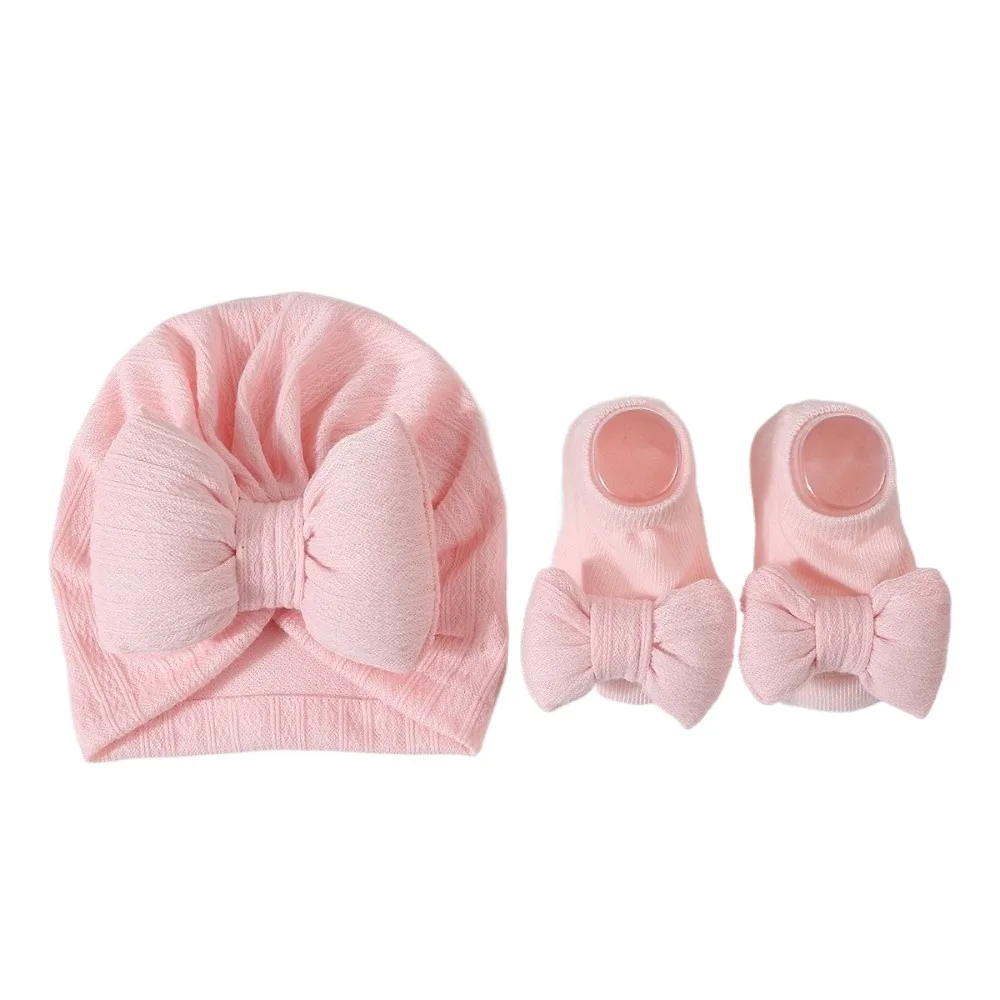 

3Pcs/Set Indian Cap Bow Baby Hat Socks Set 0-12 Months Cotton Baby Fetal Cap Solid Color Windproof Newborn Turban Hat Autumn