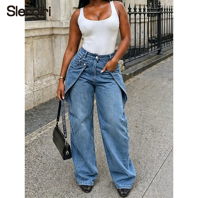 Slergiri Streetwear 2 In 1 Buttoned Jeans Women Fashion New 2026 Summer Mid Waisted Casual Female Straight Leg Denim Pants