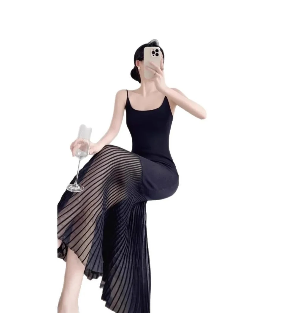 Vestido Sexy de punto satinado con espalda descubierta para mujer, vestido ajustado con tirantes y dobladillo de cola de pez, vestido largo con chaleco de seda helada de alta calidad