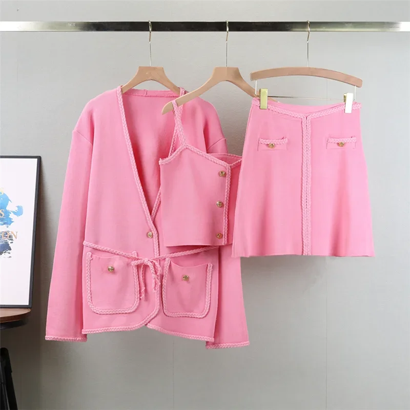 

Three Piece Set Streetwear Knitted Sweet Women Sweater Cardigan + Camisole + Skirt Sets Fashion Knit 3pcs Suits Ensemble Femme