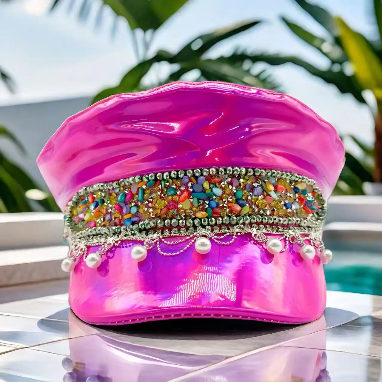 HongLuan  Laser Leather Captain Hat Rhinestone & Military Caps for Woman, Rave Festivals Accessories ＆ Party Cap Man Cosplay Fem