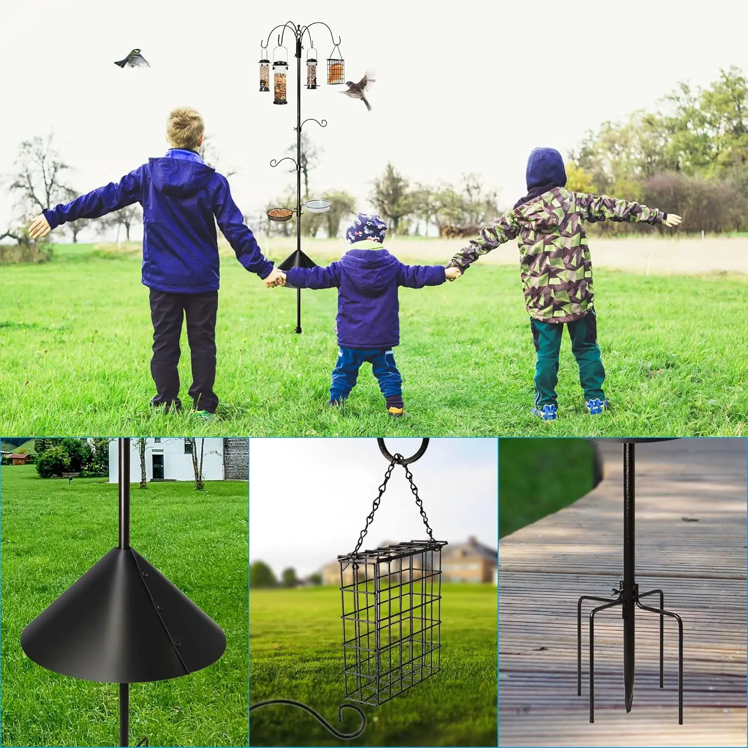 Stacja karmnicza dla ptaków ze stali o długości 94 cali z 4 karmnikami, wanienką, tacką i osłoną przed wiewiórkami dla dzikich ptaków