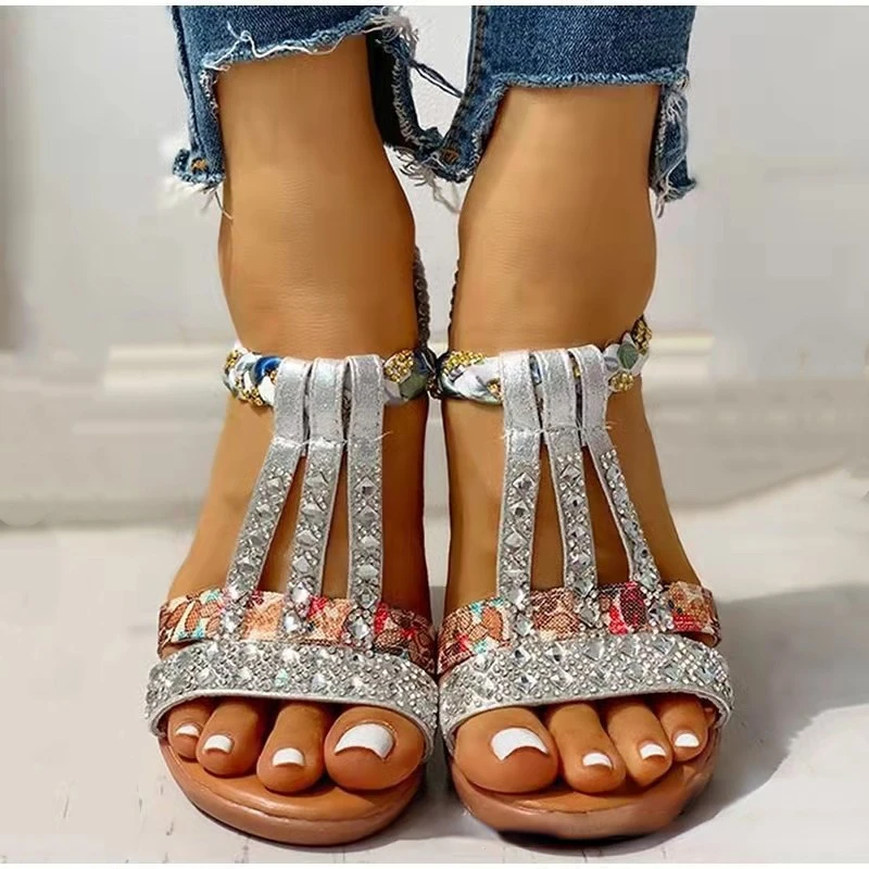 Sandalias de cuña para mujer, zapatos de tacón alto, informales, bohemios, con punta abierta y diamantes de imitación, para playa y aire libre, 2024