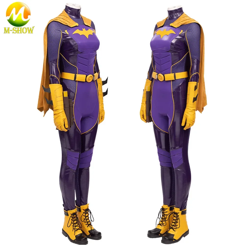 The Bat Gotham Knight Cosplay Costume Barbara Gordon Outfit Purple Faux Leather Jumpsuit with Cape Halloween Fancy Suit