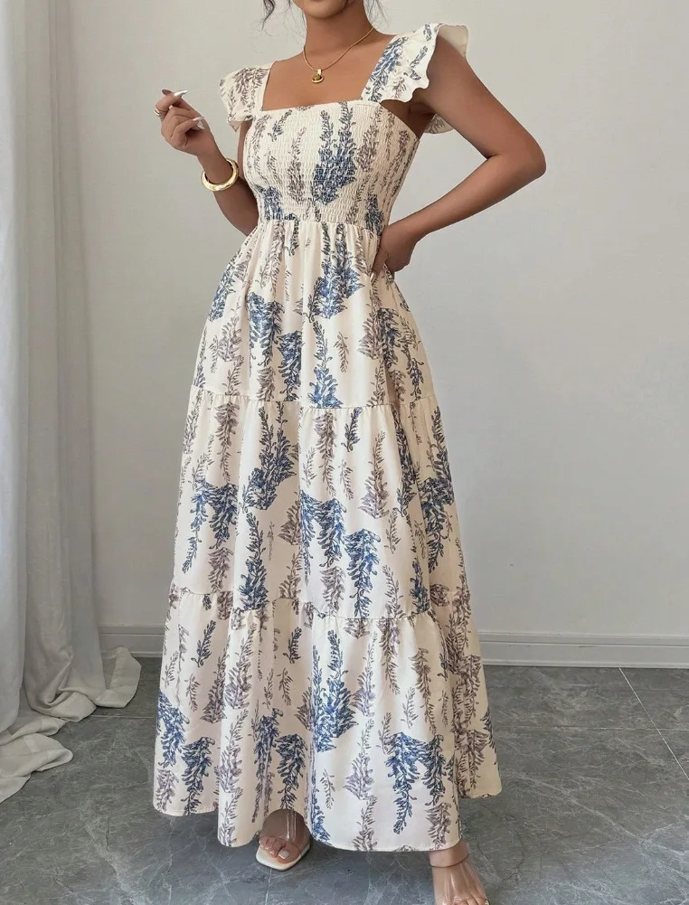 Damen-Maxikleid mit blauem Farnmuster, Boho-Stil, quadratischer Ausschnitt, Rüschenärmel, gesmoktes Sommerkleid für lässige Urlaubskleidung – Detail 4