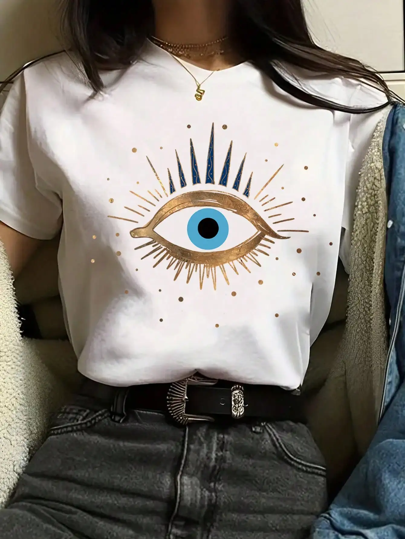 Camiseta de manga corta con estampado de ojos para mujer