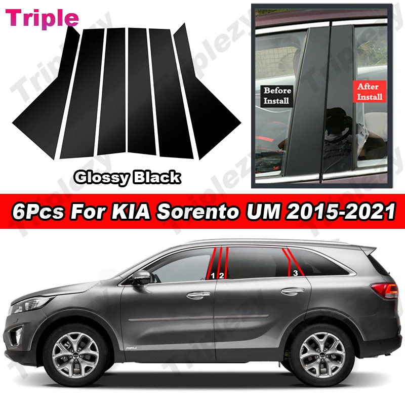 6Pcs Glossy Piano Black/Carbon Fiber Style PC Material Pillar Post Cover Trim Door Window Sticker For KIA Sorento UM 2015-2021