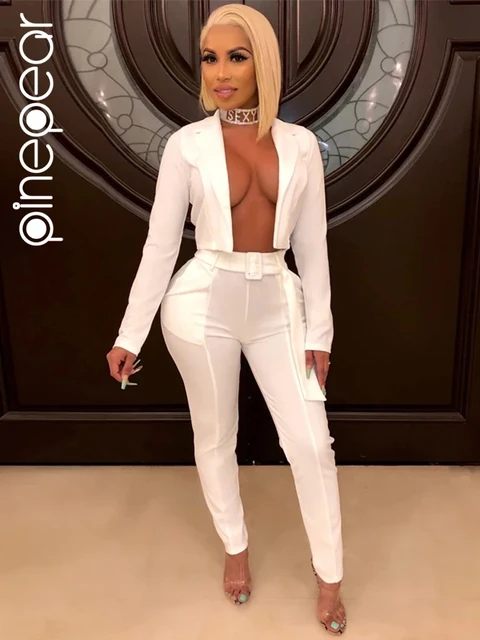 PinePear 2024 Fall Winter Ladies White Pant Suits Fashion Blazer and Pants Sets for Women Festival Formal Party 2 Pieces Outfits