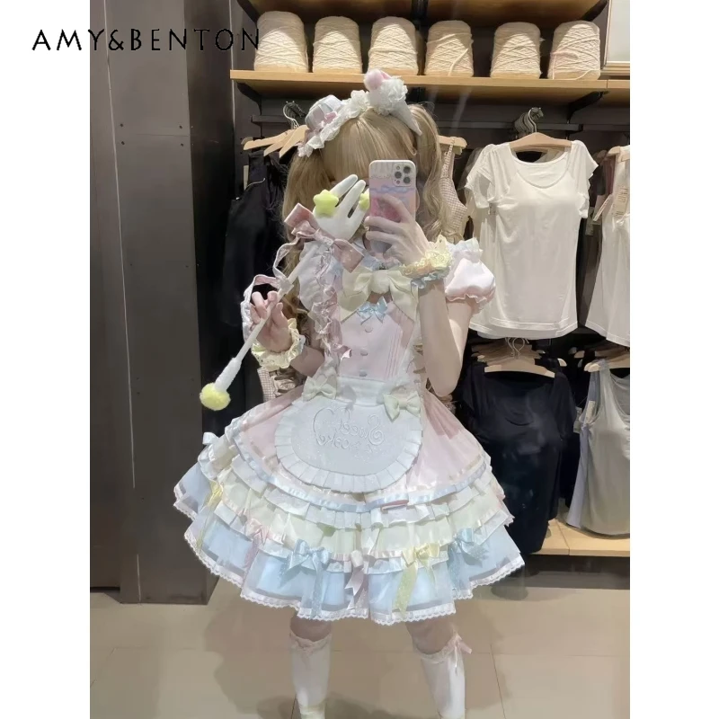 

2025 Japanese New Summer Sweet and Cute Bow Cat Lace Strap Apron Lolita Dress For Women