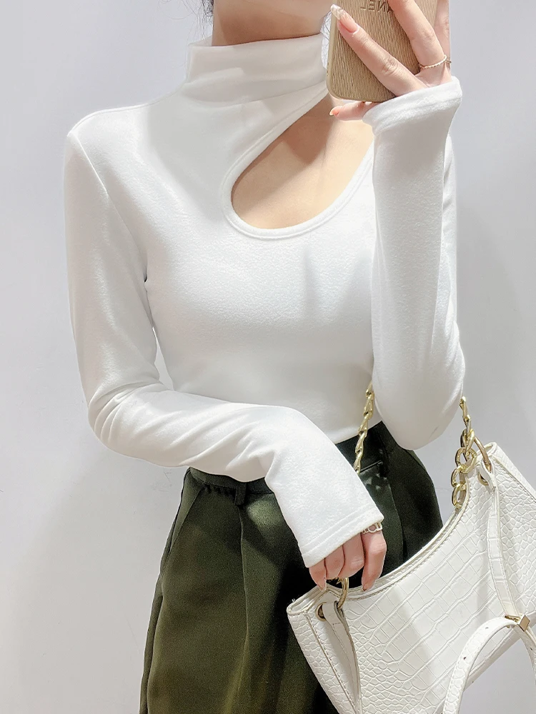 

Белая женская базовая кофта с высоким воротником и вырезами, весна-осень-зима, сексуальный топ с дизайнерским акцентом, для ношения под одеждой