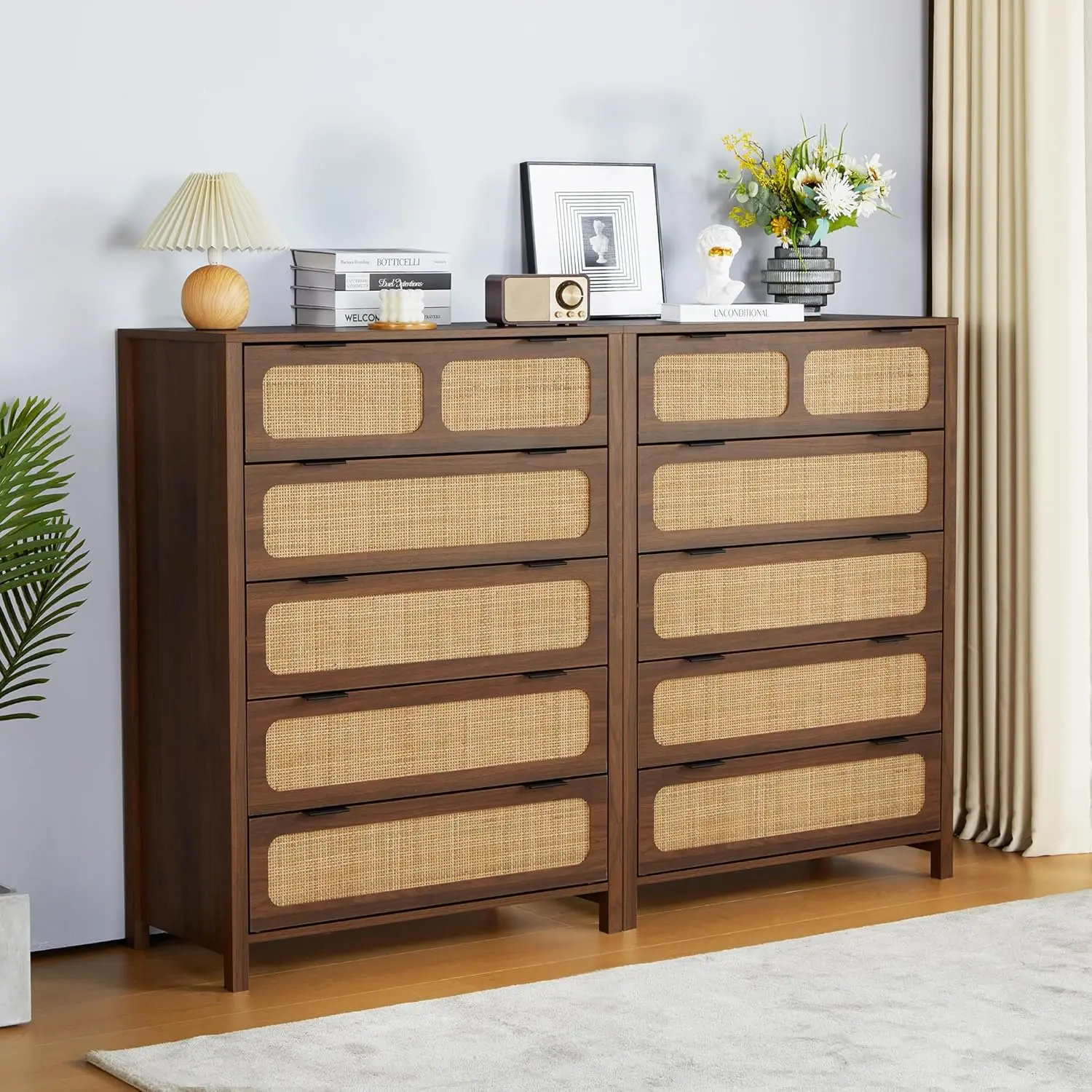 5-Drawer Dresser with Rattan Finish Modern Farmhouse Chest of Drawers with Metal Handles Accent Wood Storage Cabinet Walnut 2Pcs