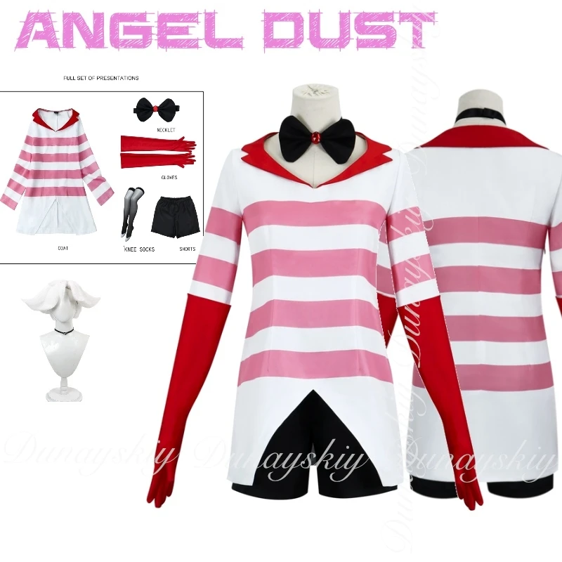 

The Hell Hotel Anime Angel Dust AD Cosplay With Pink White Striped Clothe Demon Female Anchor Cosplay Costume Anime Full Of Suit