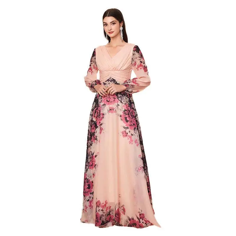 Sweet Printed Chiffon Dr KY203 Wedding Guest Dr Long Sve High Waist Plant Floral Pattern Polyester Fiber Evening Gown