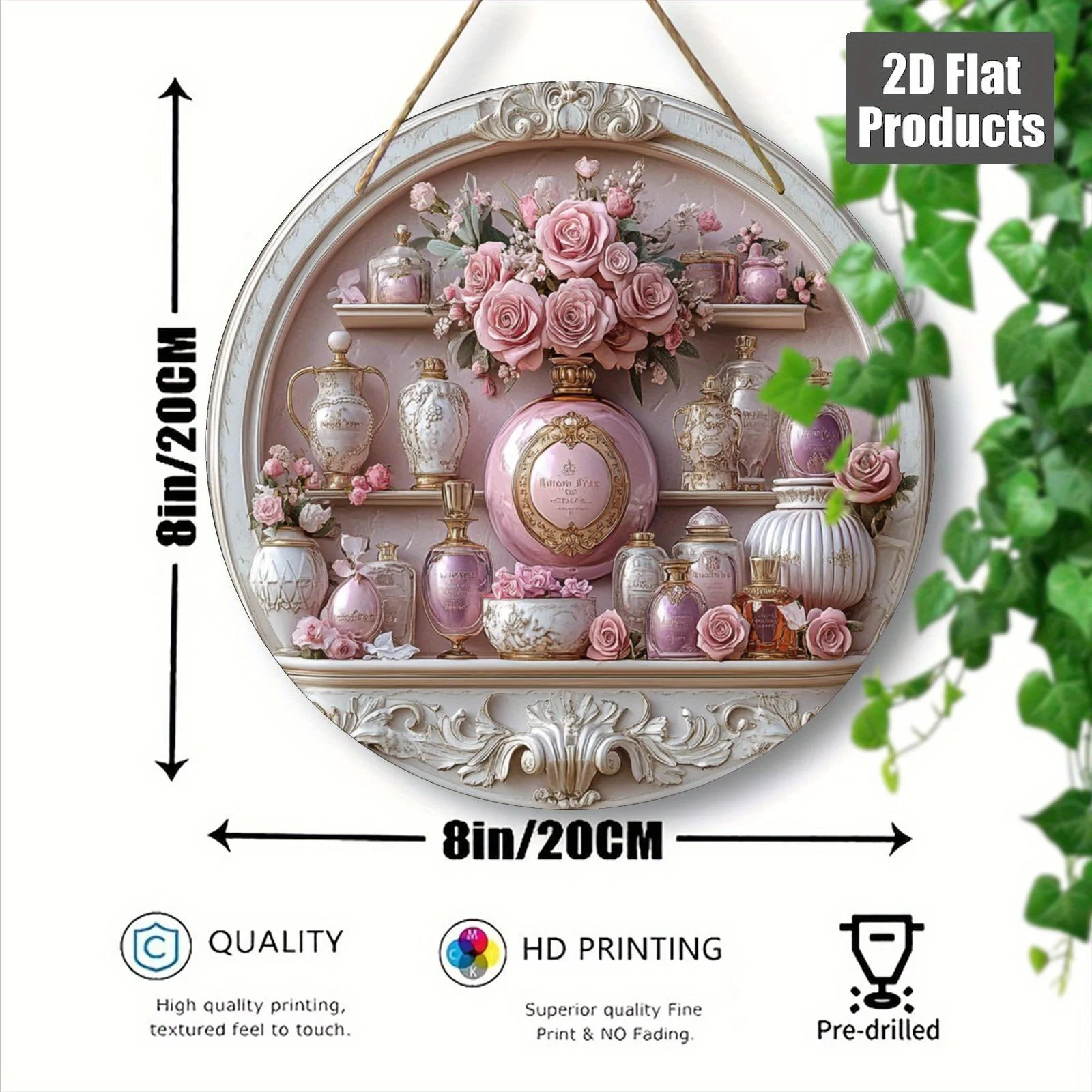 2D Flat, 1pc Vintage Perfume Theme Round Wooden Wall Plaque - 8x8 Inch (20x20cm) Artificial Wood Floral & Perfume Bottle Design