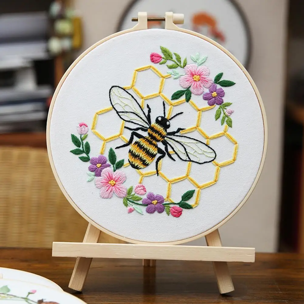 

NEW Diy Embroidery Starter Kit With Cute Bees Flowers Patterns Cross Stitch Kits Include Embroidery Hoops For Beginners