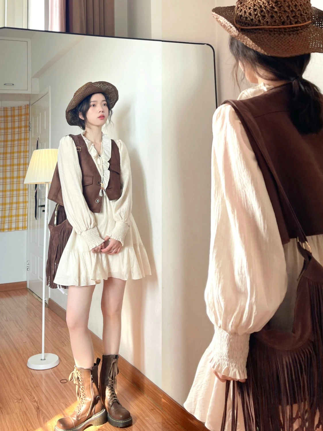 

Women's Long Sve Dr Layering Vest Set Soft Sle American Western Vintage Autumn Winter Faion Ensemble Skirt