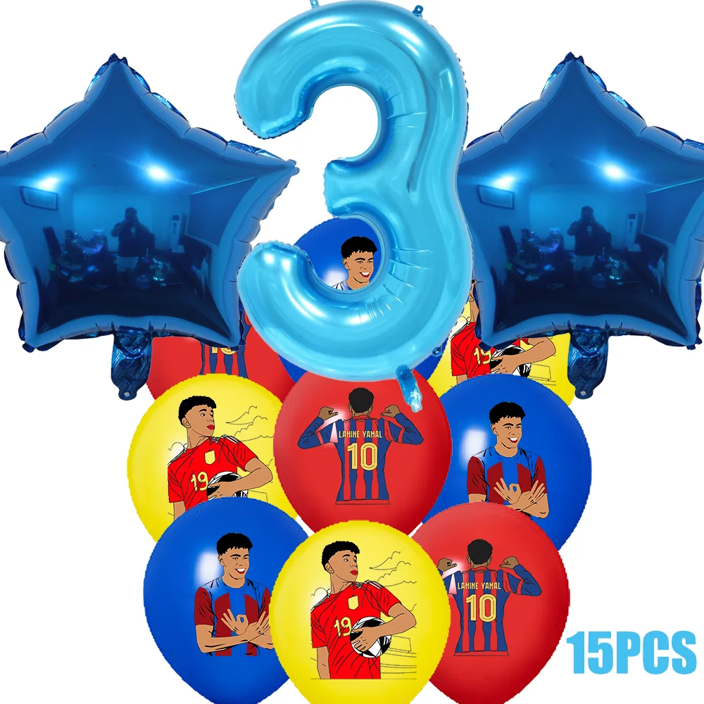 Yamal Soccer Football 15Pcs Blue Number 1 to 9 Foil Balloons Star Foil Balloons Kids Birthday Party Decorations Sports Theme - view 3