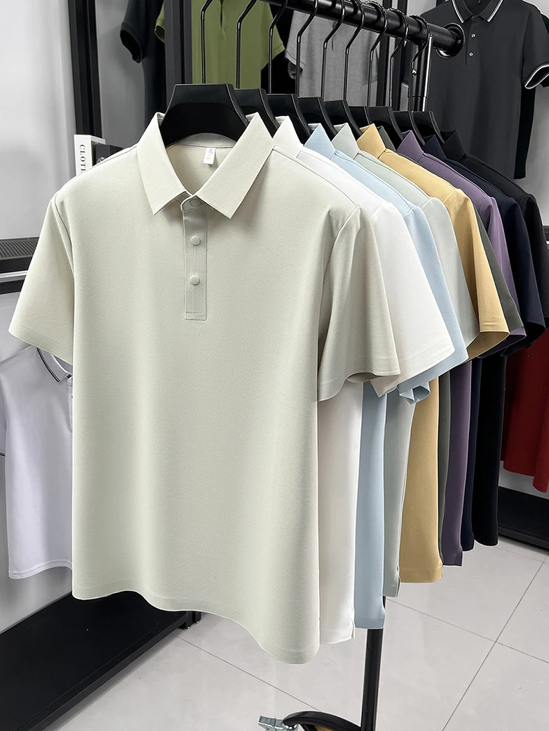 Hochwertiges Eisseide-Kurzarm-Poloshirt für Herren, klassisches einfarbiges, atmungsaktives Business-Casual-T-Shirt, neues Luxus-Oberteil für den Sommer. – Detail 1
