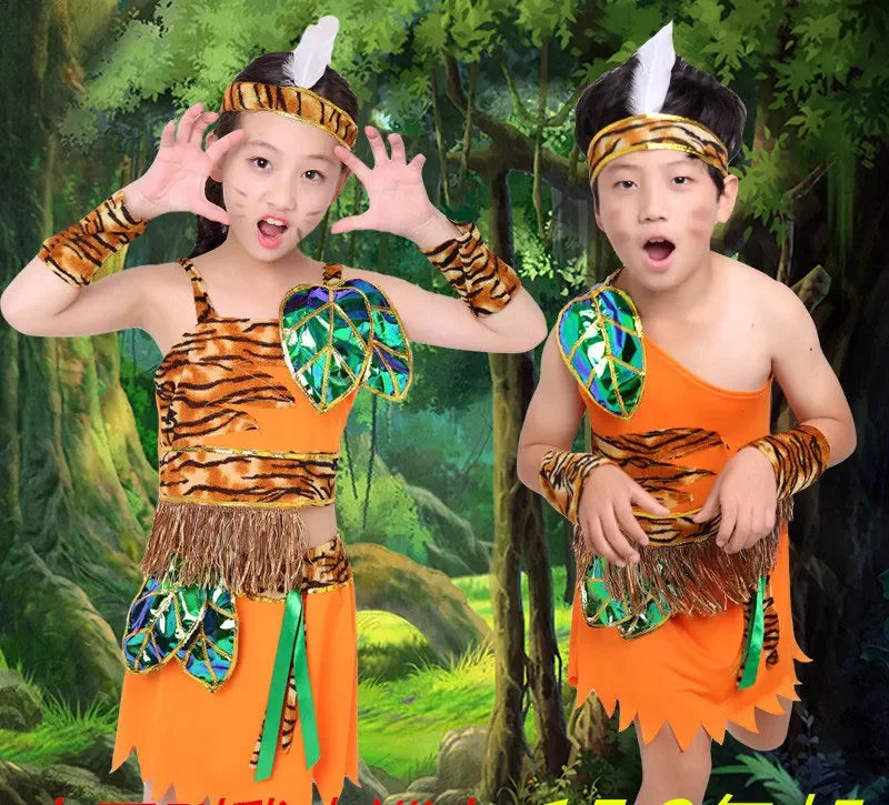 Halloween Party Cosplay Kostüm Kinder Savage Caveman Kostüme Junge Leopard Afrikanische Tribal Hunter Indische Kleidung Mädchen Junge