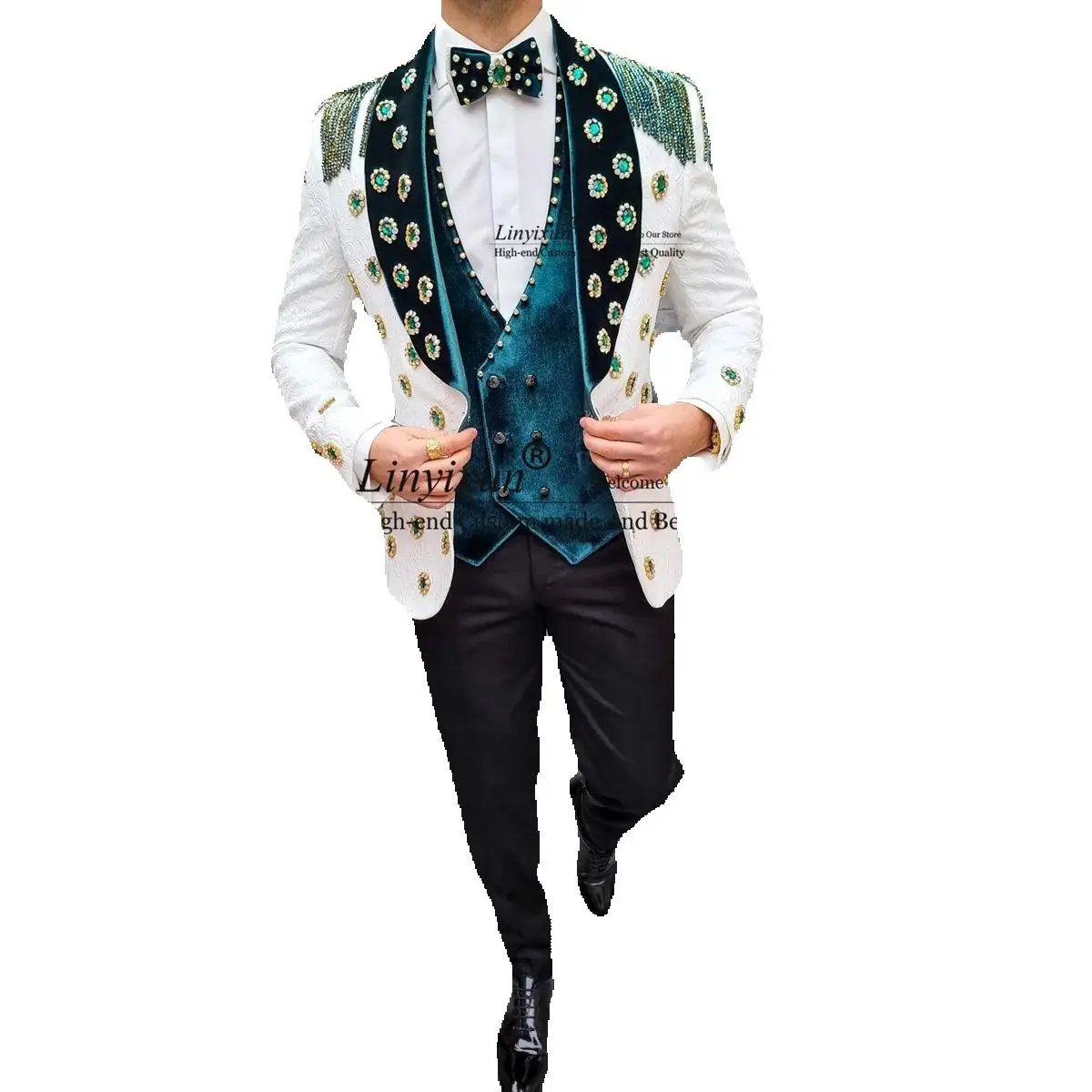 

Luxury tassel Beaded Men Suits 3 Pieces Sets Groom Tuxedos Customized Party Prom Blazer Slim Fit Dinner Wedding Costume Homme