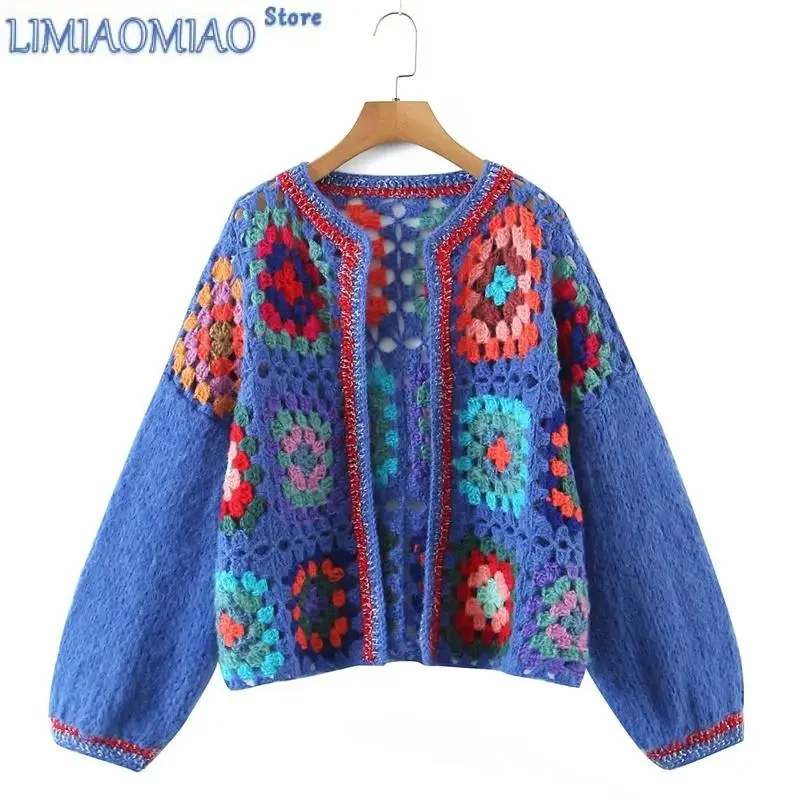 

New Autumn Hollowed-Out Hook Plaid Short Knit Cardigan Ladies Tribal Ethnic Wind Handmade Thick Line Sweater Soft